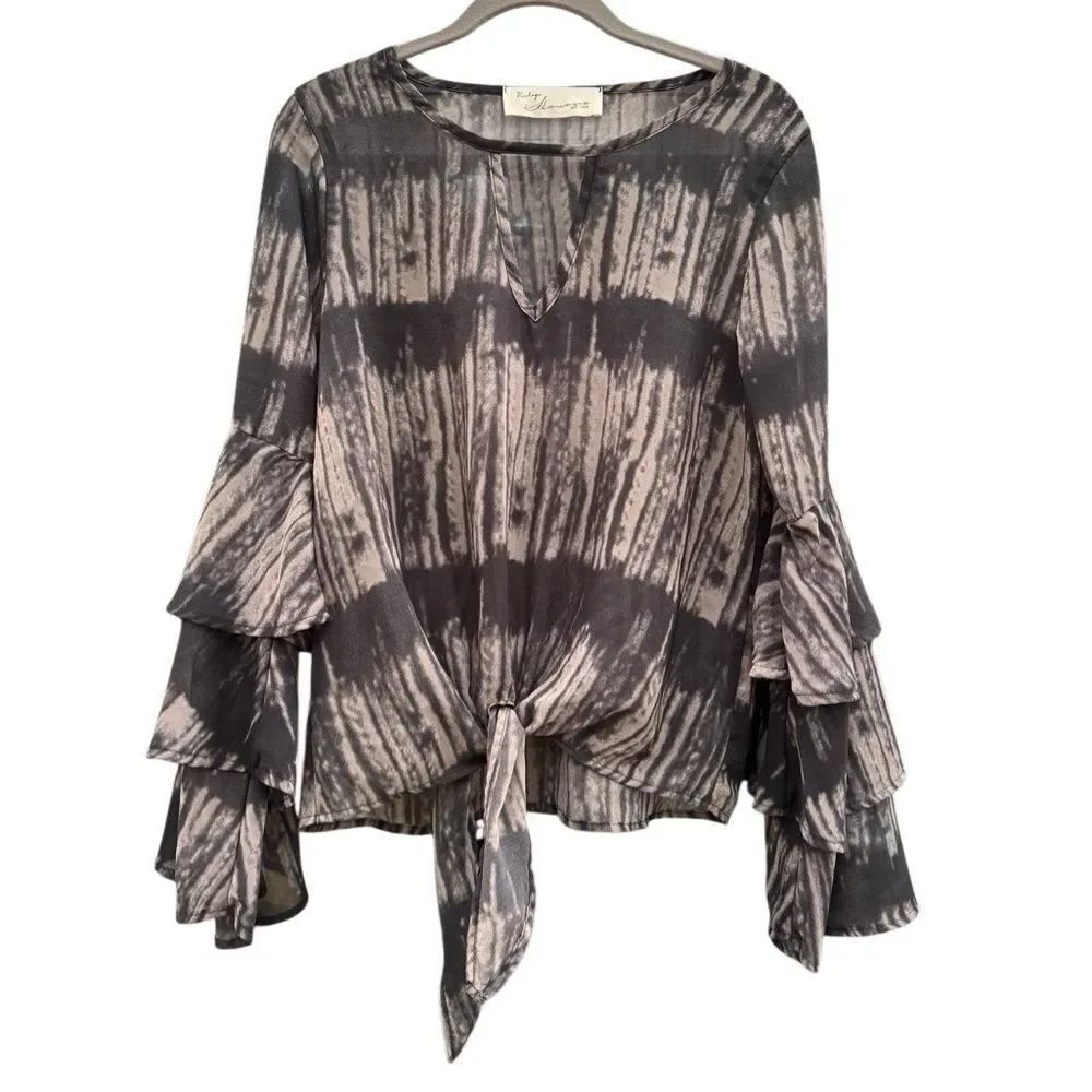 Vintage Havana Women's Grey Tie Dye Bohemian Tiered Sleeve Blouse Top Size Small